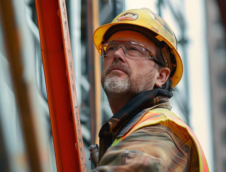 Imagen en primer plano de un trabajador vestido con ropa de obra